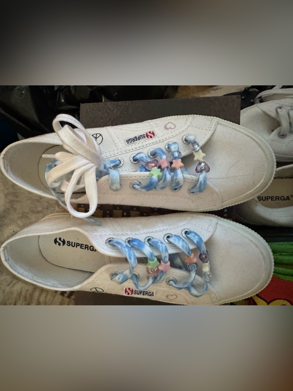 Superga Kids White Canvas Sneakers with Blue Ribbon Laces